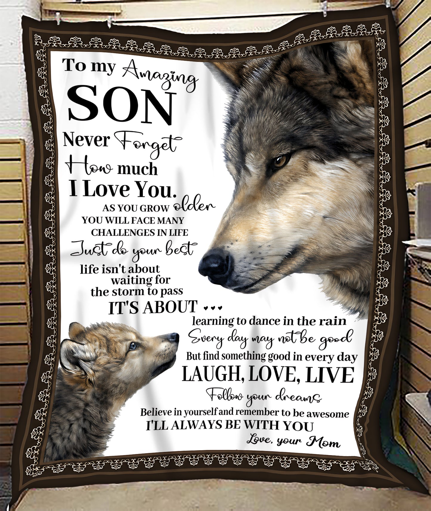 BLANKET FOR SON – WOLF LOVE MESSAGE – SHERPA FLEECE GIFT FROM MOM TO SON MTNN00