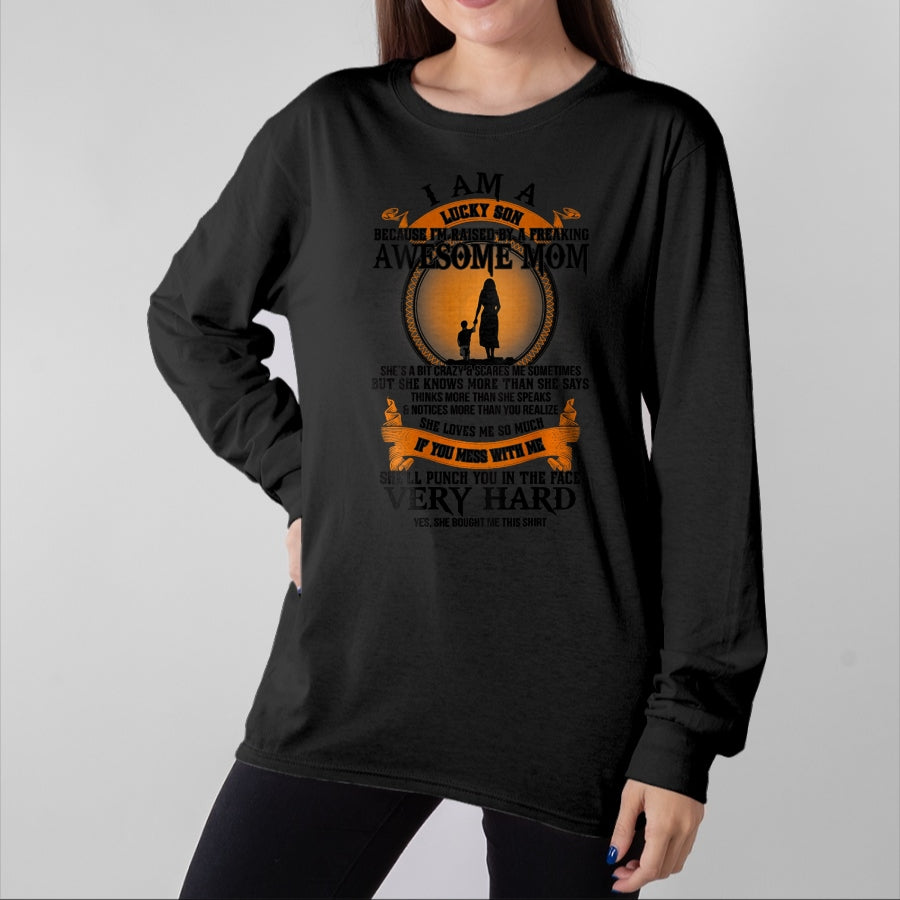 Gift for Mom Shirt, Funny Mom Unisex T-Shirt/Hoodie/Sweatshirt HLT00 - Mens Lucky Son Because Iām Raised By A Freaking Awesome Mom T-Shirt