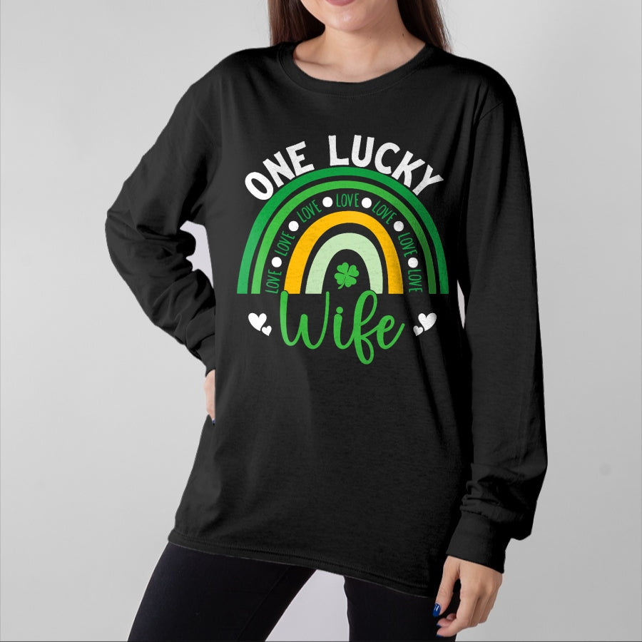 Best Wife Shirt, Wife and Husband Unisex T-Shirt/Hoodie/Sweatshirt HLT00 - Gift for wife T shirt, lucky wife Womens One Lucky Wife Boho Rainbow Irish Saint Patrick's Day Tan (1)