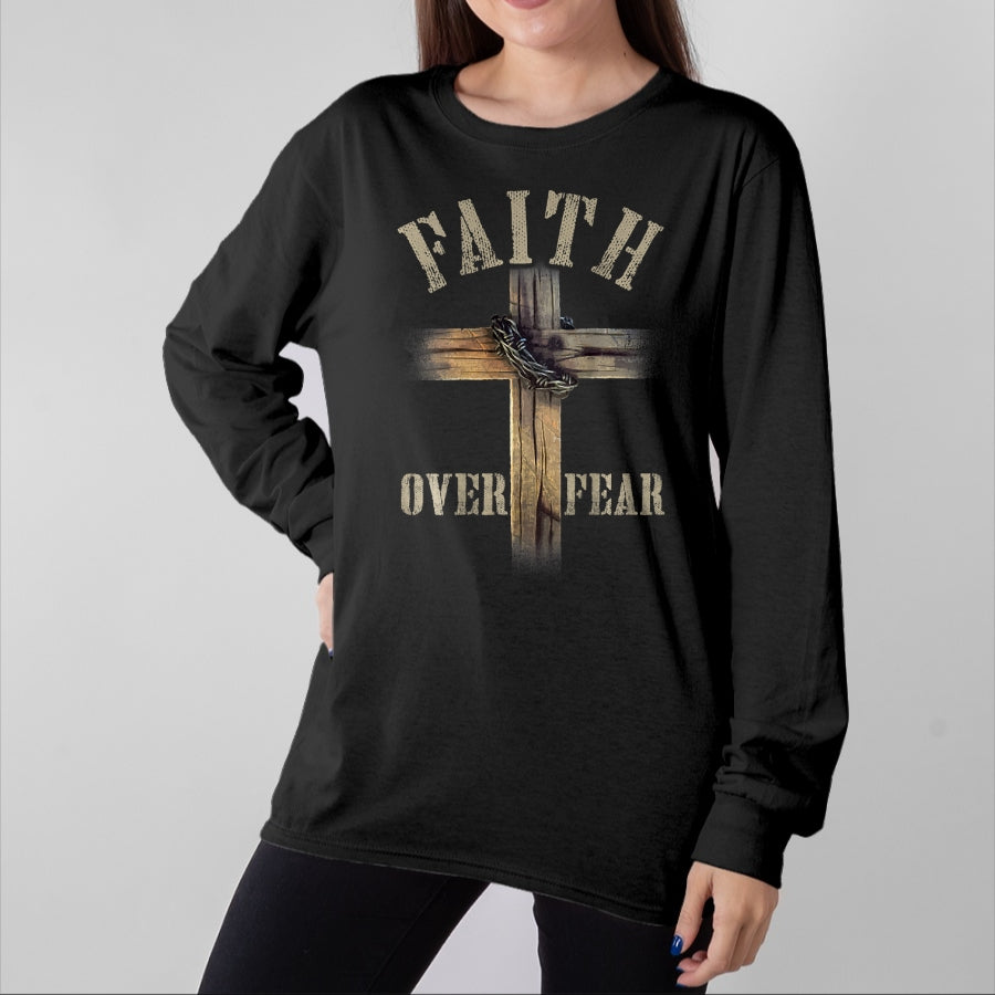 Christian Tee, Christian Faith Unisex T-Shirt/Hoodie/Sweatshirt HLT00 - Faith Over Fear American Christian Cross God Jesus (on back) T-Shirt (1)