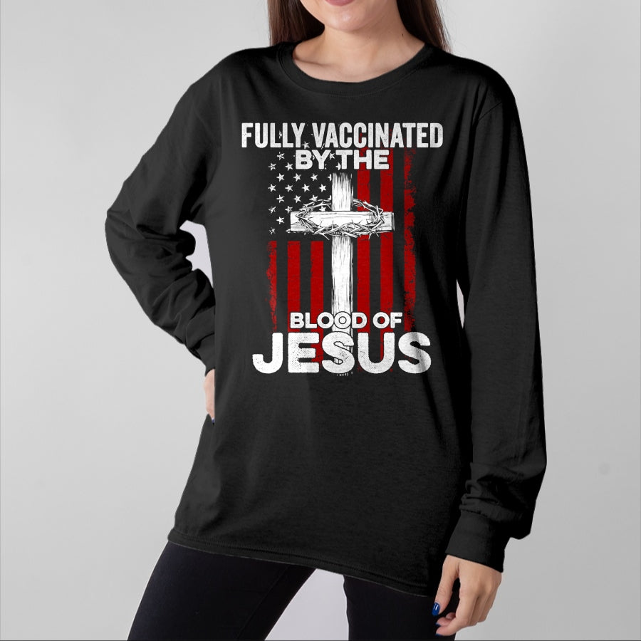 Christian Tee, Christian Faith Unisex T-Shirt/Hoodie/Sweatshirt HLT00 - Fully Vaccinated By The Blood Of Jesus Christian USA Flag T-Shirt