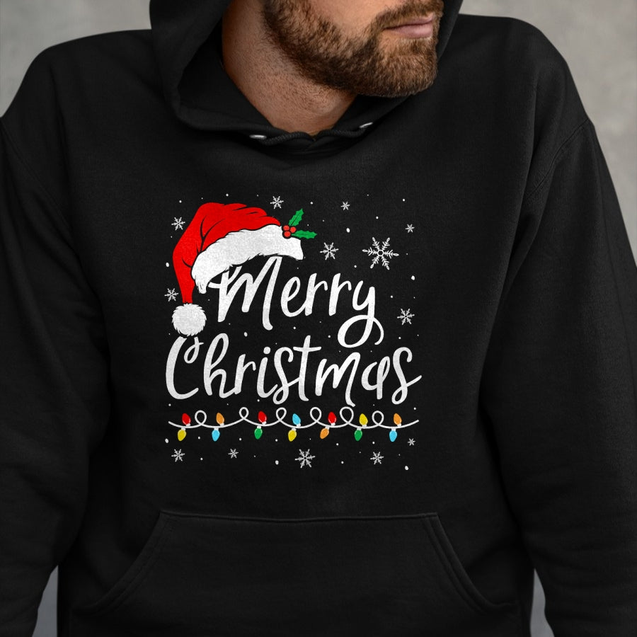 Merry Christmas Lights Santa Hat Xmas Family Matching Pajama T-Shirt - Christmas Unisex T-Shirt/Hoodie/Sweatshirt - HNDS00
