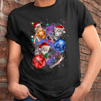 Cute Christmas Cats In Space Ornaments Graphic T-Shirt - Christmas Unisex T-Shirt/Hoodie/Sweatshirt - HNDS00
