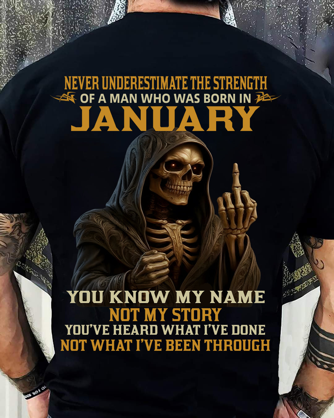 JANUARY - NEVER UNDERESTIMATE - BIRTHDAY T-SHIRT FOR MEN - MTNN01 (SKU26T-01-06-01)