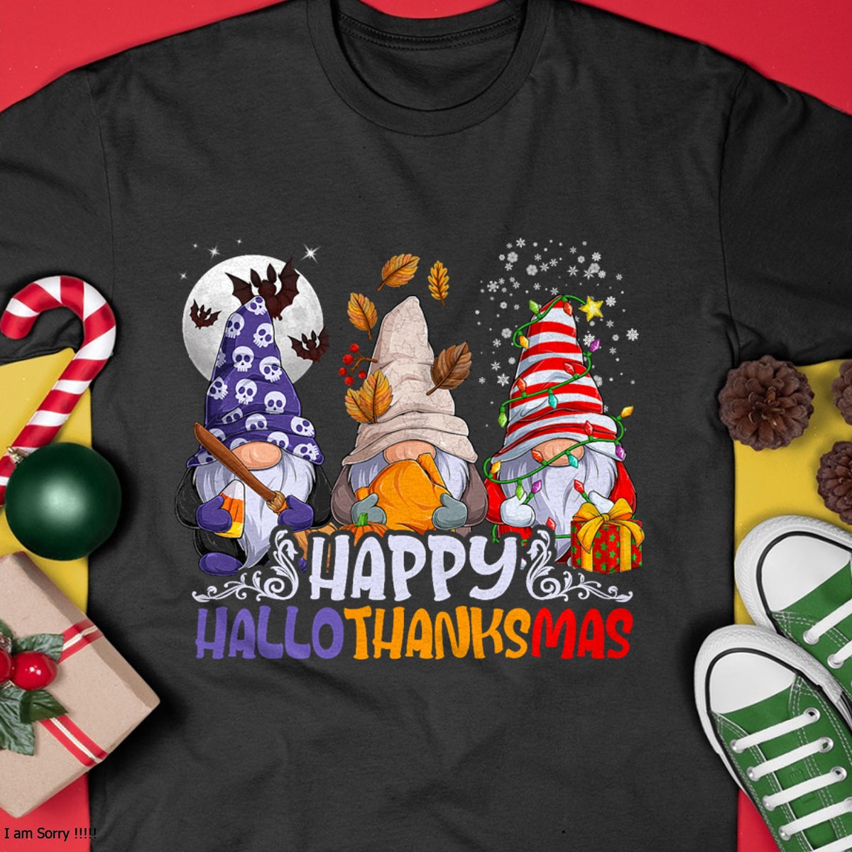 Christmas Shirts for Family, Funny christmas shirts, Christmas Unisex T-Shirt/Hoodie/Sweatshirt HLT00 - HalloThanksMas Gnomes Halloween Thanksgiving Christmas Happy T-Shirt