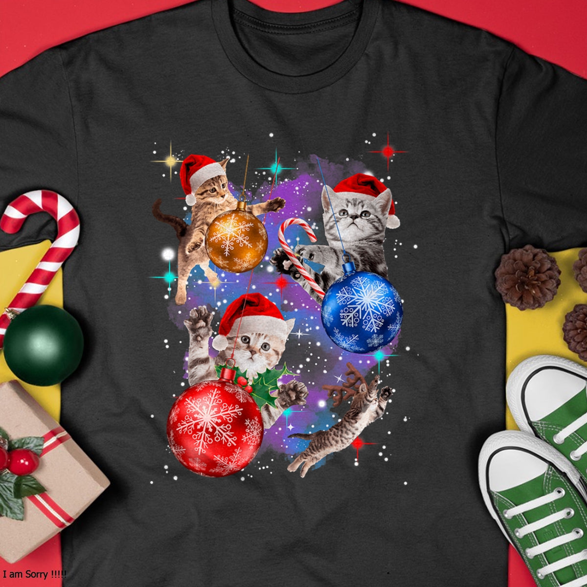 Cute Christmas Cats In Space Ornaments Graphic T-Shirt - Christmas Unisex T-Shirt/Hoodie/Sweatshirt - HNDS00