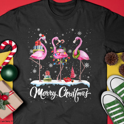 Merry Christmas Hat Santa Flamingo Light Christmas HNDS T-Shirt - Christmas Unisex T-Shirt/Hoodie/Sweatshirt - HNDS00