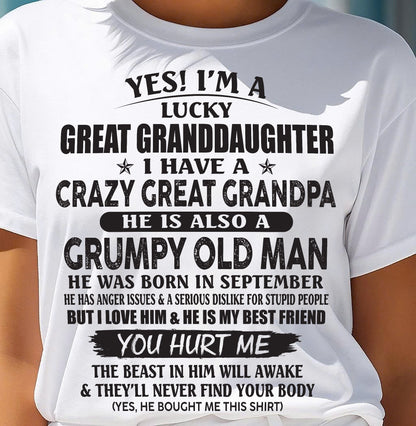 SEPTEMBER - LUCKY GREAT GRANDDAUGHTER OF CRAZY GREAT GRANDPA - PERFECT GIFT FROM GREAT GRANDPA - MTNN09 (SKU12-287-09)