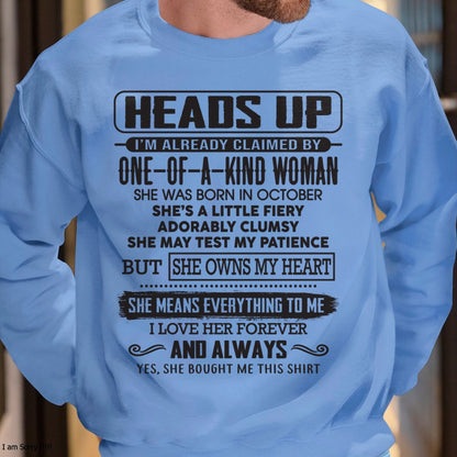 OCTOBER | HEADS UP, ALREADY CLAIMED BY ONE OF A KIND WOMAN - GIFT FROM WIFE TO HUSBAND - HNDS10