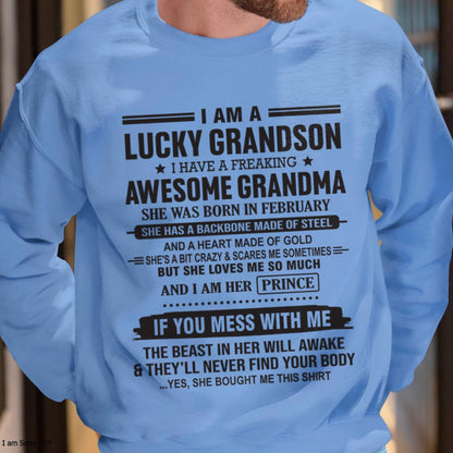 I Am A Lucky Grandson T-Shirt – Birthday Gift From February Grandma / Woman - MTNN02 (SKU11-29-02)