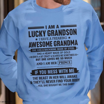 I Am A Lucky Grandson T-Shirt – Birthday Gift From Grandma / Woman - HNDS00 (SKU11-29-00)