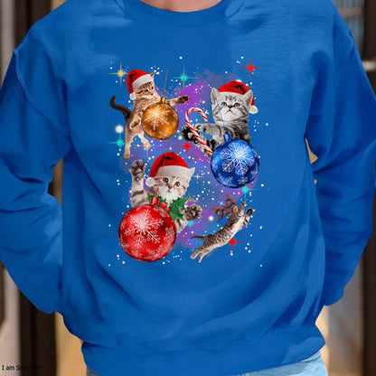 Cute Christmas Cats In Space Ornaments Graphic T-Shirt - Christmas Unisex T-Shirt/Hoodie/Sweatshirt - HNDS00