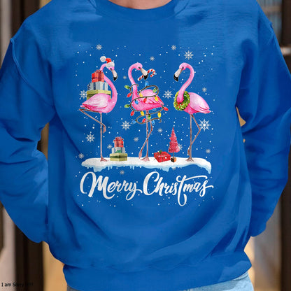 Christmas Shirts for Family, Funny christmas shirts, Christmas Unisex T-Shirt/Hoodie/Sweatshirt HLT00 - Merry Christmas Hat Santa Flamingo Light Christmas Snow T-Shirt