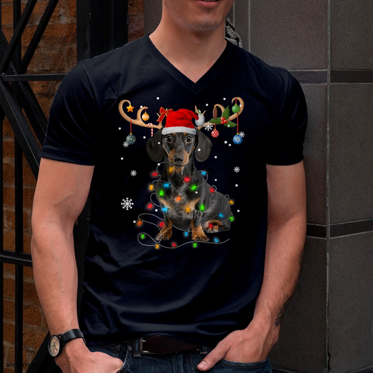 Funny Dachshund Christmas Reindeer Christmas Lights Pajama T-Shirt - Christmas Unisex T-Shirt/Hoodie/Sweatshirt - HNDS00