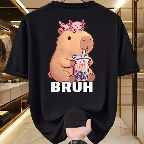 Cute Capybara Shirt, Funny Capybara Unisex T-Shirt/Hoodie/Sweatshirt HLT00 - Cute Bruh Capybara Drinking Bubble Tea Axolotl Funny Kawaii T-Shirt