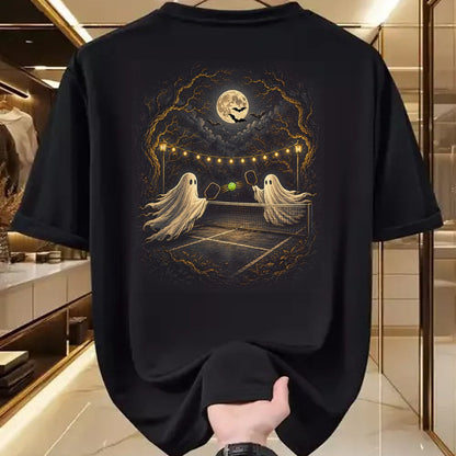 Funny Pickleball Shirt, Pickleball Lover Unisex T-Shirt/Hoodie/Sweatshirt HLT00 - Ghosts on Court Full Moon Bats Ghostly Halloween Pickleball T-Shirt