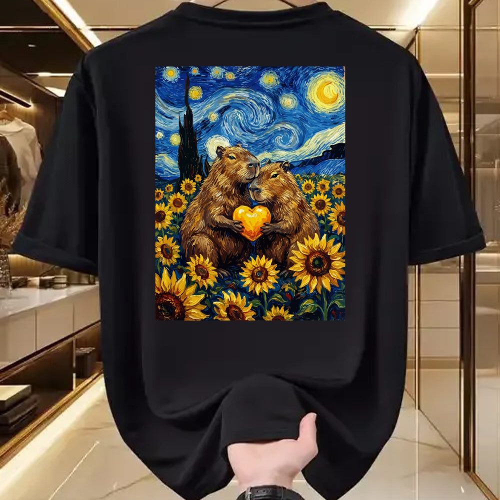 Cute Capybara Shirt, Funny Capybara Unisex T-Shirt/Hoodie/Sweatshirt HLT00 - Capybara Starry Night with Heart and Sunflowers Long Sleeve T-Shirt