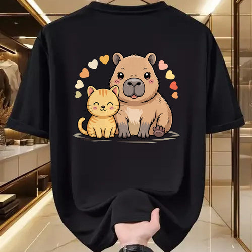 Cute Capybara Shirt, Funny Capybara Unisex T-Shirt/Hoodie/Sweatshirt HLT00 - Cute Cat and Capybara Friends Funny Pet Lovers Casual Wear T-Shirt