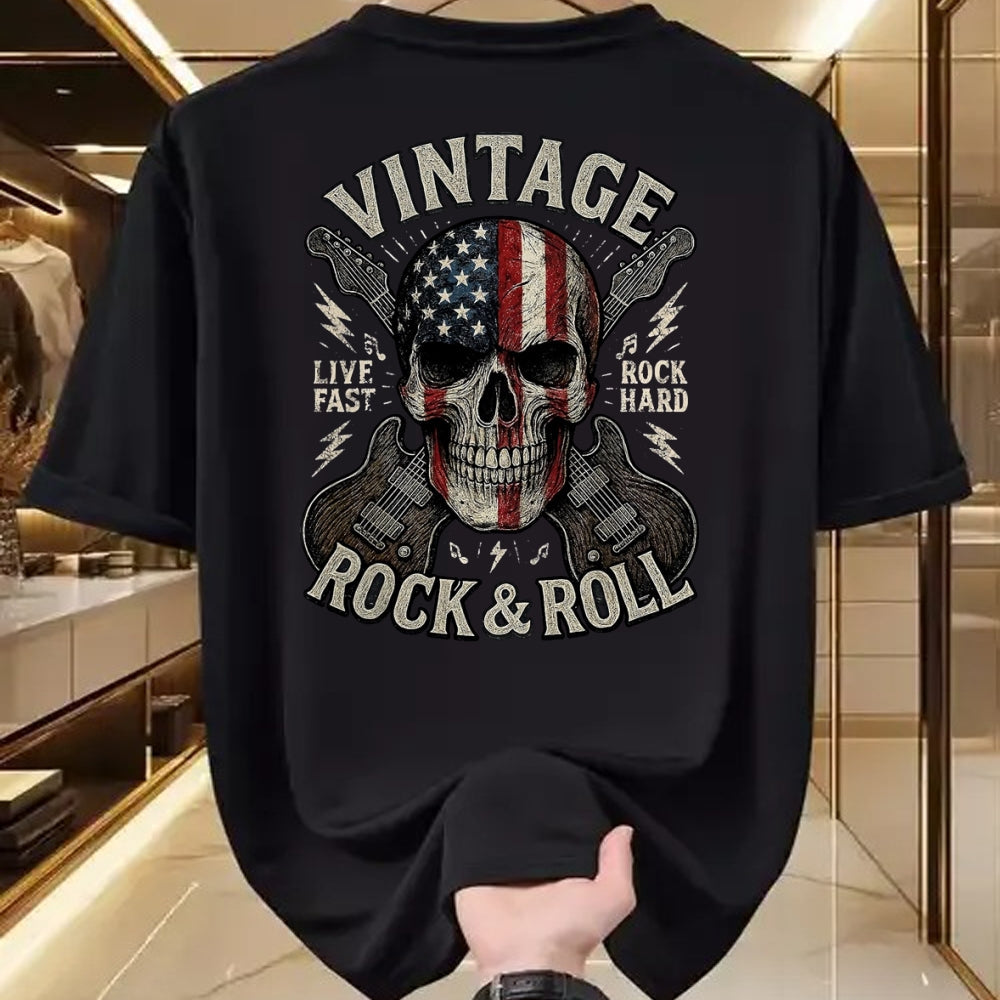 Guitar Lover Shirt, Funny Guitar UnisexT-Shirt/Hoodie/Sweatshirt HLT00 - Vintage Rock Skull American Flag Guitar Retro Rock and Roll T-Shirt, Men, Black, Large