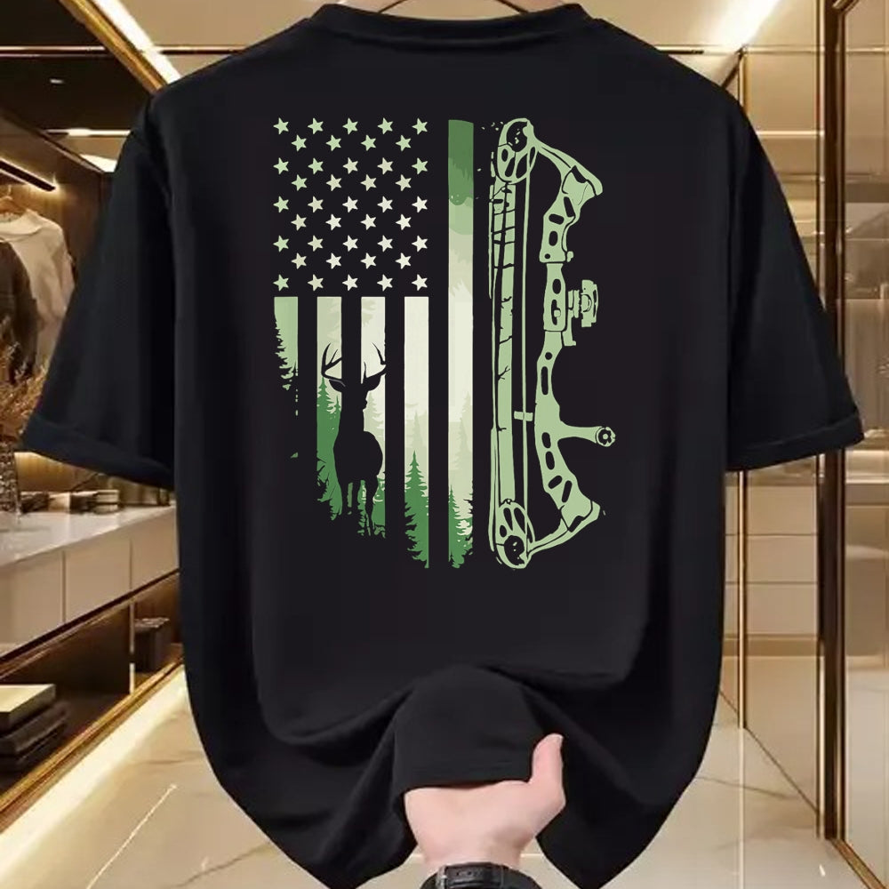 Funny Hunting Shirt, Gift For Hunting Lover Unisex T-Shirt/Hoodie/Sweatshirt HLT00 - Patriotic Bowhunting USA Flag Bow Archery Deer Hunting Wild T-Shirt
