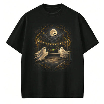 Funny Pickleball Shirt, Pickleball Lover Unisex T-Shirt/Hoodie/Sweatshirt HLT00 - Ghosts on Court Full Moon Bats Ghostly Halloween Pickleball T-Shirt