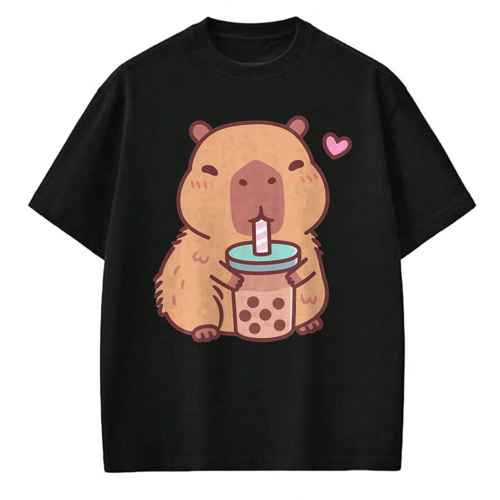 Cute Capybara Shirt, Funny Capybara Unisex T-Shirt/Hoodie/Sweatshirt HLT00 - Cute Capybara Kawaii Anime Drinking Bubble Tea Lover Girls T-Shirt