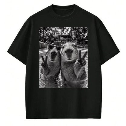 Cute Capybara Shirt, Funny Capybara Unisex T-Shirt/Hoodie/Sweatshirt HLT00 - Funny Capybara Selfie Peace Sign Men Women Cute Animal T-Shirt