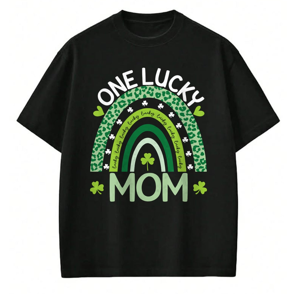 Gift for Mom Shirt, Funny Mom Unisex T-Shirt/Hoodie/Sweatshirt HLT00 - One Lucky Mom Leopard Rainbow St Patricks Day Clover Long Sleeve T-Shirt