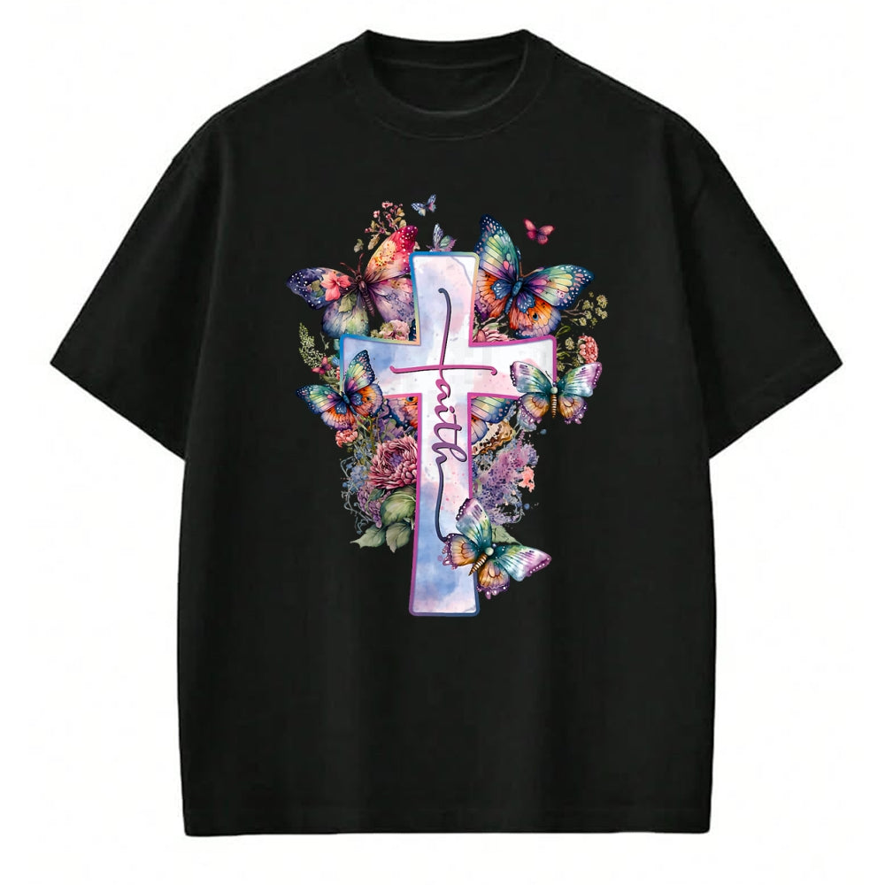 Christian Tee, Christian Faith Unisex T-Shirt/Hoodie/Sweatshirt HLT00 - Faith-Cross Floral Butterflies Christ Flowers Religious T-Shirt