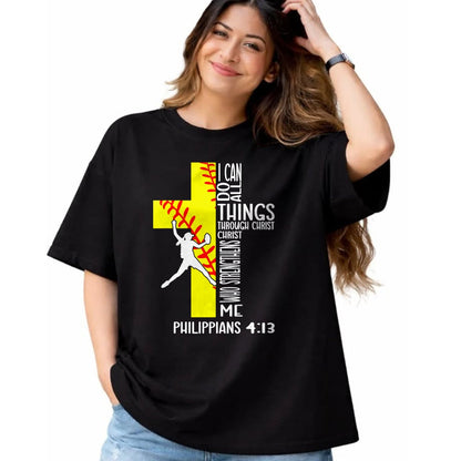 Christian Tee, Christian Faith Unisex T-Shirt/Hoodie/Sweatshirt HLT00 - I Can Do All Things Through Christ Softball Christian Bible T-Shirt