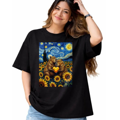 Cute Capybara Shirt, Funny Capybara Unisex T-Shirt/Hoodie/Sweatshirt HLT00 - Capybara Starry Night with Heart and Sunflowers Long Sleeve T-Shirt