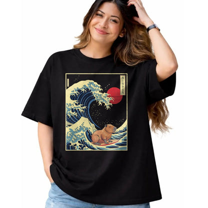 Cute Capybara Shirt, Funny Capybara Unisex T-Shirt/Hoodie/Sweatshirt HLT00 - Surfing Capybara Retro Kawaii T-Shirt