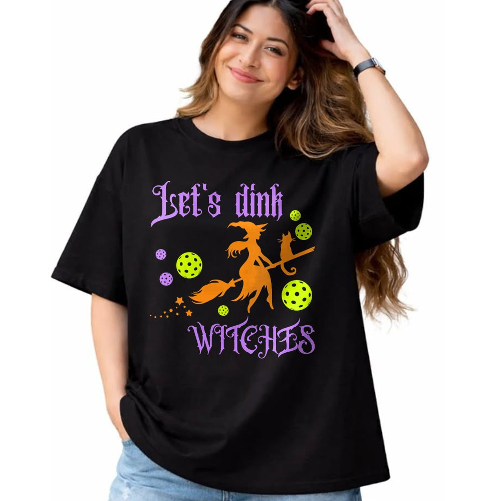 Funny Pickleball Shirt, Pickleball Lover Unisex T-Shirt/Hoodie/Sweatshirt HLT00 - Womens Halloween Pickleball Let's Dink Witches V-Neck T-Shirt