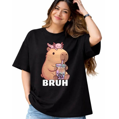 Cute Capybara Shirt, Funny Capybara Unisex T-Shirt/Hoodie/Sweatshirt HLT00 - Cute Bruh Capybara Drinking Bubble Tea Axolotl Funny Kawaii T-Shirt