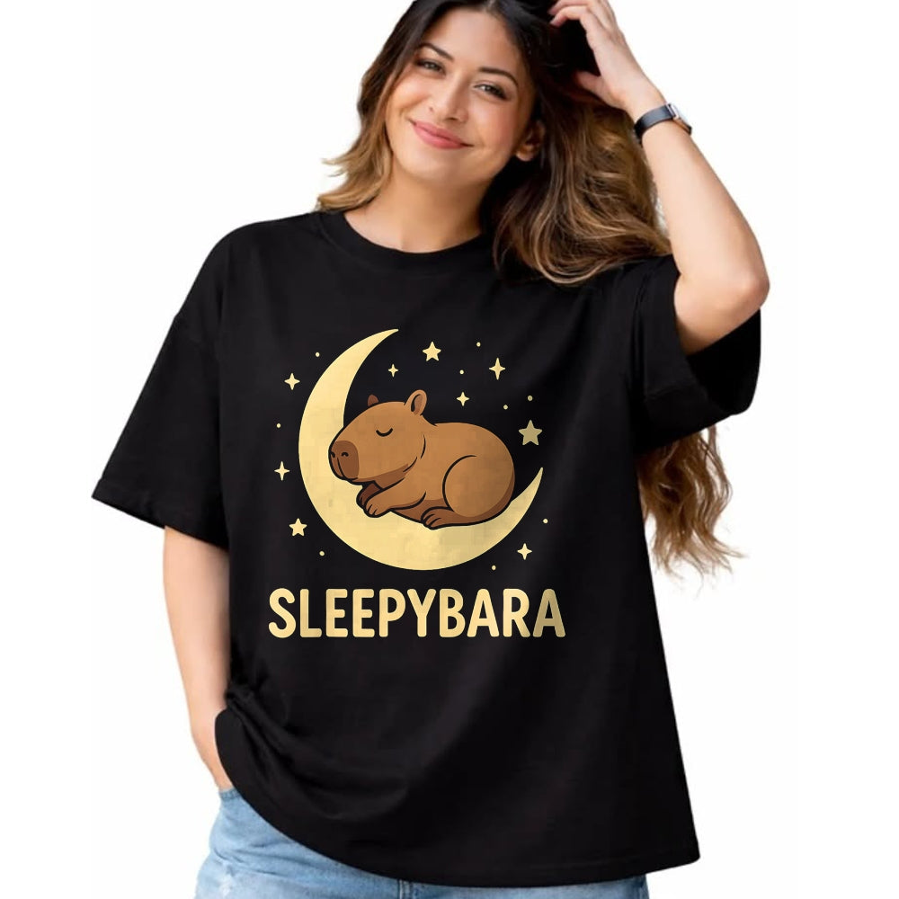 Cute Capybara Shirt, Funny Capybara Unisex T-Shirt/Hoodie/Sweatshirt HLT00 - Cute Sleepybara Funny Capybara Sleeping on Moon Graphic T-Shirt