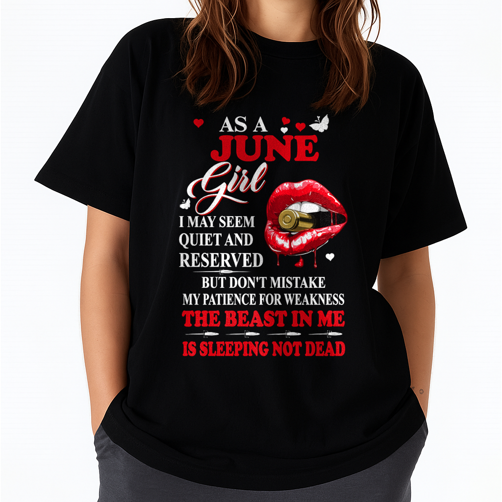 JUNE GIRL – THE BEAST IN ME IS SLEEPING, NOT DEAD – LIPS & BULLET GRAPHIC T-SHIRT FOR WOMEN - MTNN06 (SKU2607-146-06)