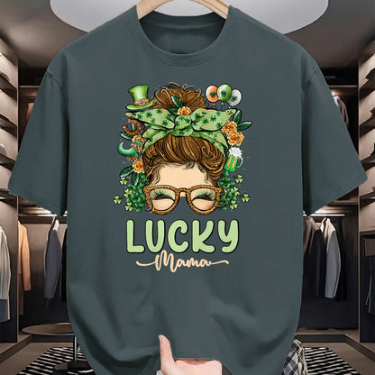 Gift for Mom Shirt, Funny Mom Unisex T-Shirt/Hoodie/Sweatshirt HLT00 - Lucky Mama St Patricks & Mothers Day Mom Messy Bun Irish T-Shirt