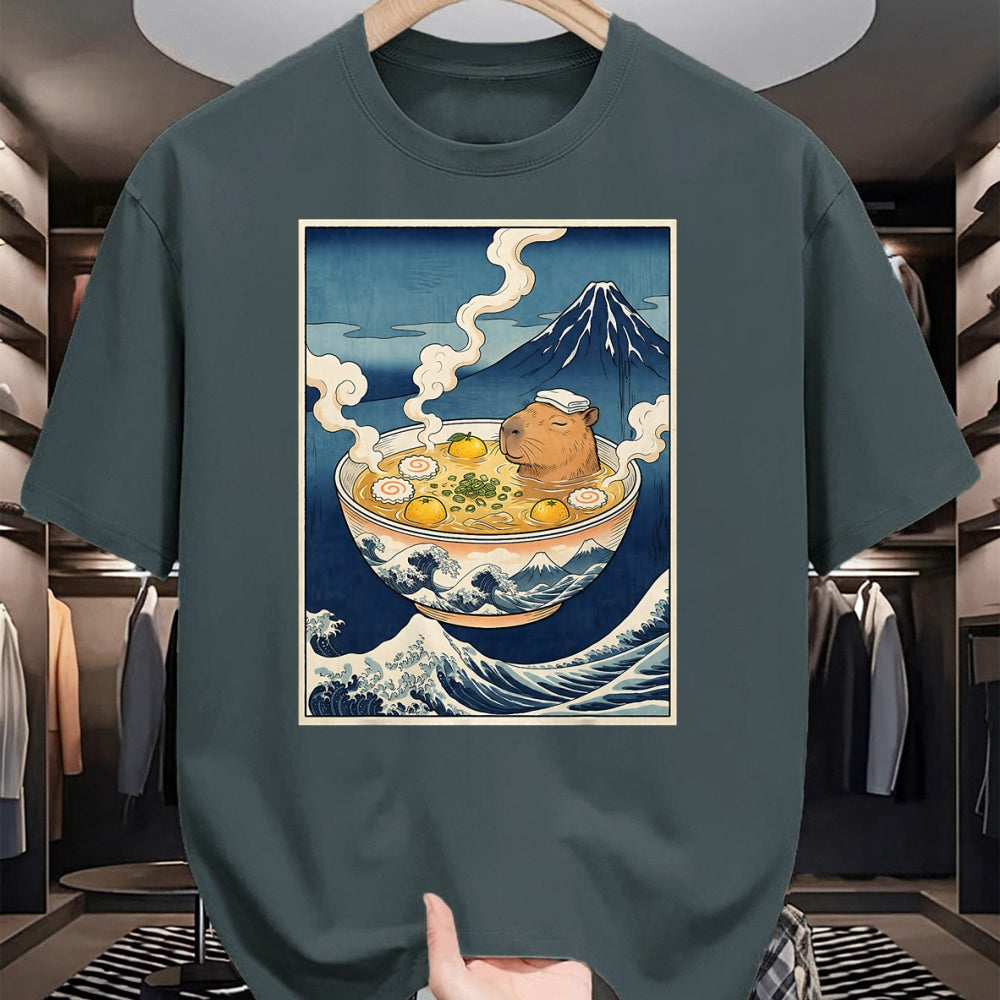 Cute Capybara Shirt, Funny Capybara Unisex T-Shirt/Hoodie/Sweatshirt HLT00 - Cute Capybara Ramen Mt Fuji Ukiyo-e Great Wave Japanese Art T-Shirt