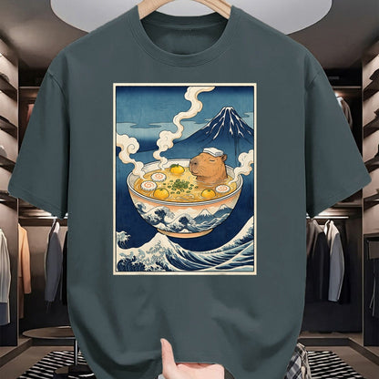 Cute Capybara Shirt, Funny Capybara Unisex T-Shirt/Hoodie/Sweatshirt HLT00 - Cute Capybara Ramen Mt Fuji Ukiyo-e Great Wave Japanese Art T-Shirt