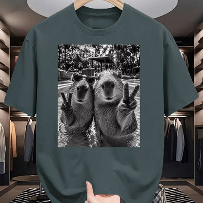 Cute Capybara Shirt, Funny Capybara Unisex T-Shirt/Hoodie/Sweatshirt HLT00 - Funny Capybara Selfie Peace Sign Men Women Cute Animal T-Shirt