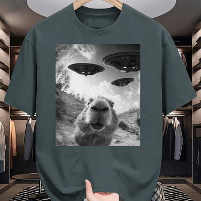 Cute Capybara Shirt, Funny Capybara Unisex T-Shirt/Hoodie/Sweatshirt HLT00 - Funny Capybara Selfie with UFOs Weird Graphic Tee Alien UFO T-Shirt