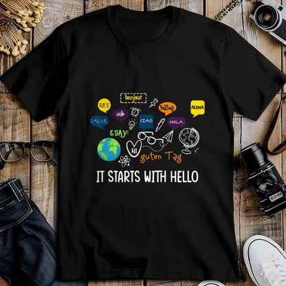 Best Teacher Shirt, Funny Teacher UnisexT-Shirt/Hoodie/Sweatshirt HLT00 - It Starts with Hello Friendship Inclusion Language Teacher T-Shirt (1)