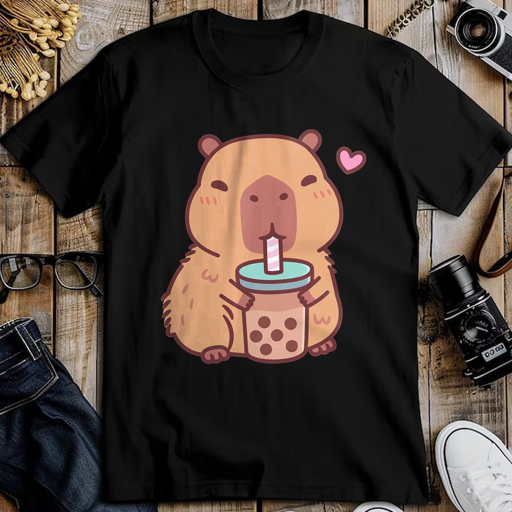 Cute Capybara Shirt, Funny Capybara Unisex T-Shirt/Hoodie/Sweatshirt HLT00 - Cute Capybara Kawaii Anime Drinking Bubble Tea Lover Girls T-Shirt