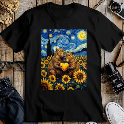 Cute Capybara Shirt, Funny Capybara Unisex T-Shirt/Hoodie/Sweatshirt HLT00 - Capybara Starry Night with Heart and Sunflowers Long Sleeve T-Shirt
