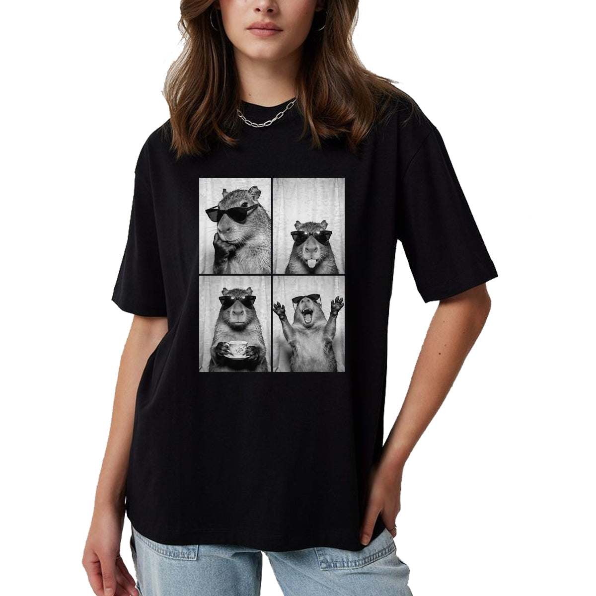 Cute Capybara Shirt, Funny Capybara Unisex T-Shirt/Hoodie/Sweatshirt HLT00 - Funny Capybara Photobooth, Capybara with Sunglasses, Rodent T-Shirt, Men, Black, 3X-Large