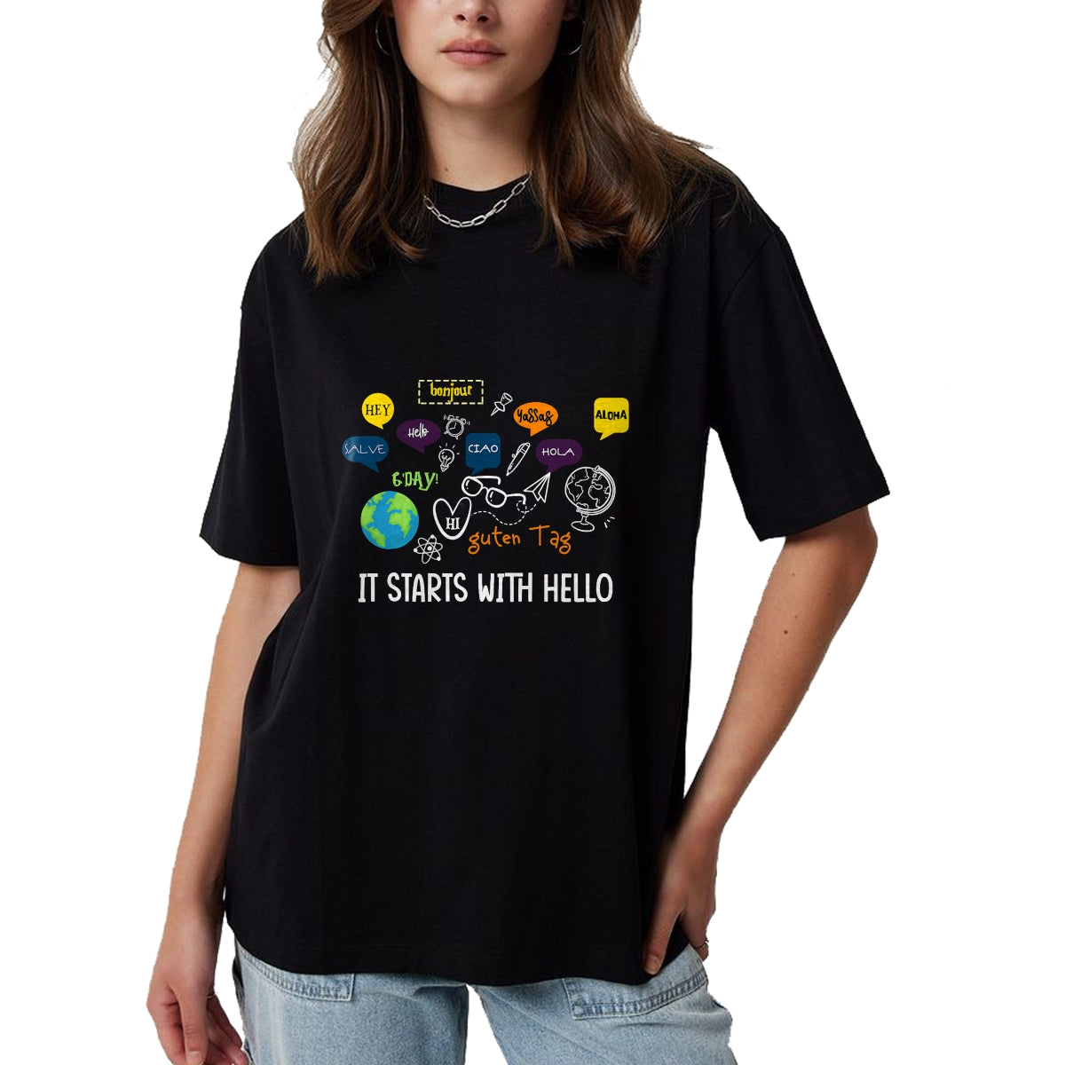 Best Teacher Shirt, Funny Teacher UnisexT-Shirt/Hoodie/Sweatshirt HLT00 - It Starts with Hello Friendship Inclusion Language Teacher T-Shirt
