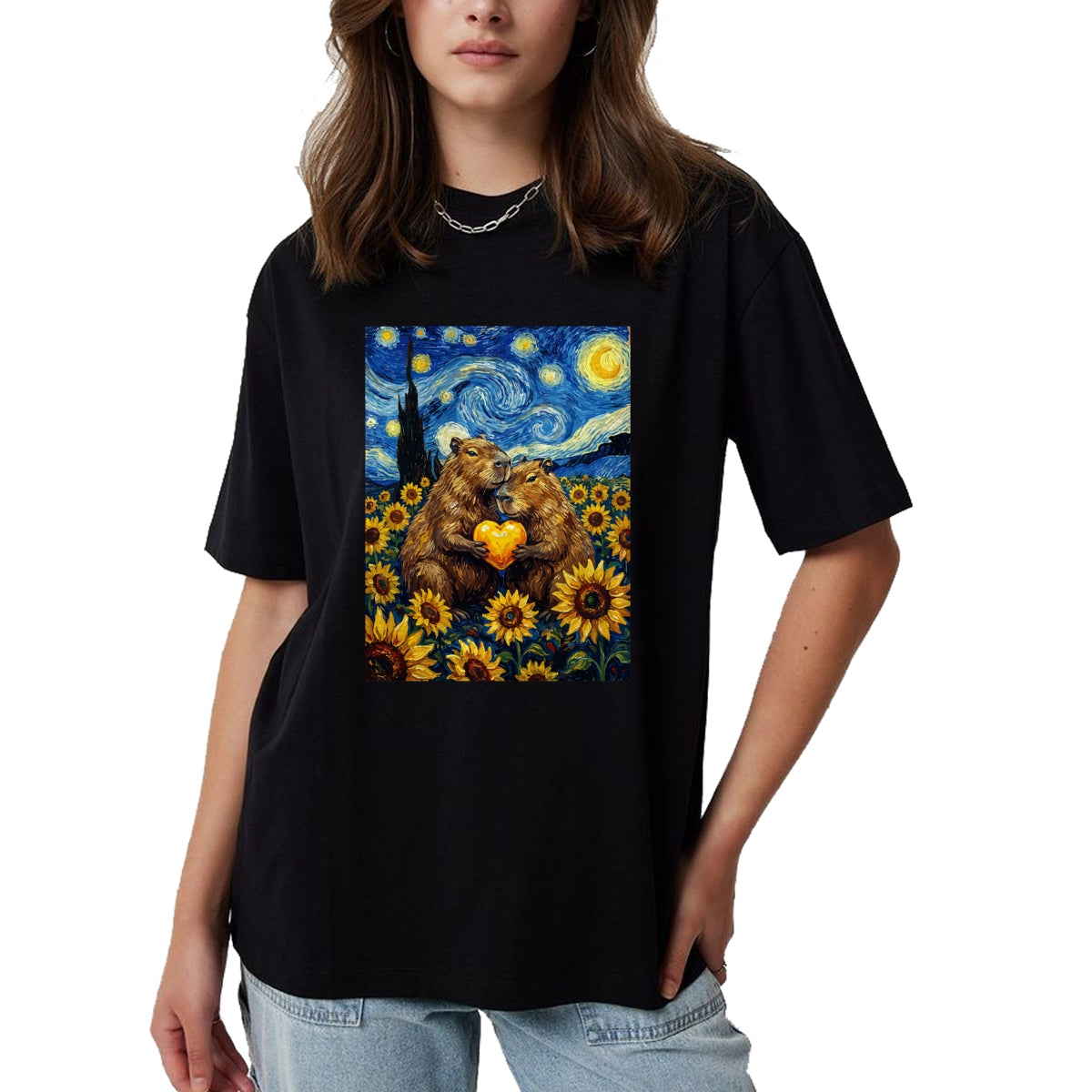 Cute Capybara Shirt, Funny Capybara Unisex T-Shirt/Hoodie/Sweatshirt HLT00 - Capybara Starry Night with Heart and Sunflowers Long Sleeve T-Shirt