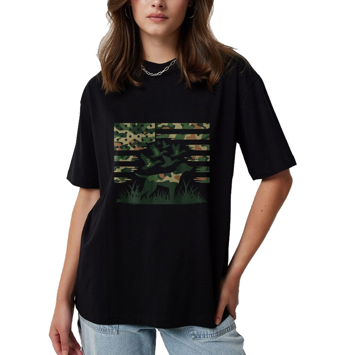 Funny Hunting Shirt, Gift For Hunting Lover Unisex T-Shirt/Hoodie/Sweatshirt HLT00 - Youth Camo Mallard Duck Hunting Dog Camouflage American Flag T-Shirt