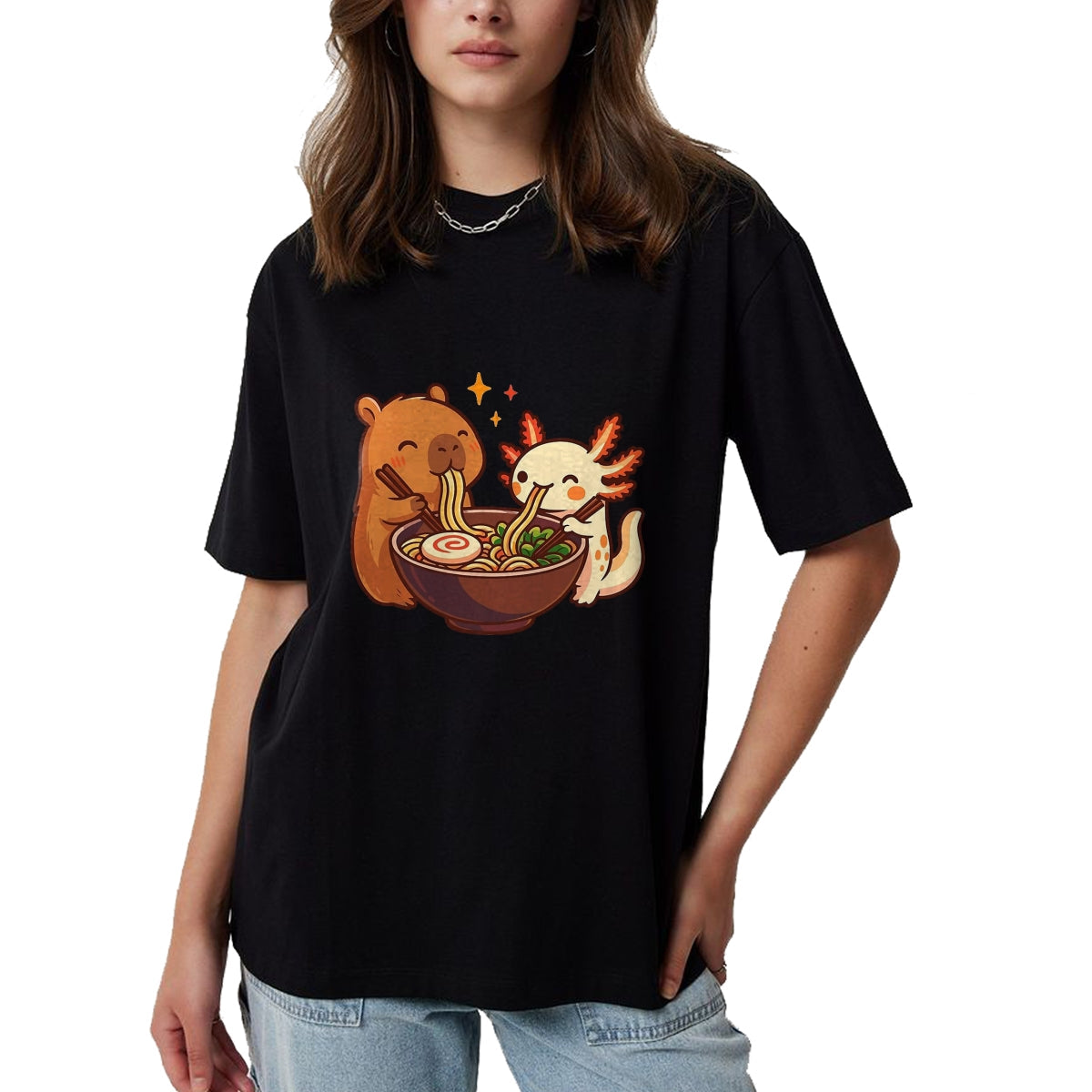 Cute Capybara Shirt, Funny Capybara Unisex T-Shirt/Hoodie/Sweatshirt HLT00 - Capybara with Axolotl Eats Noodles Ramen Kawaii T-Shirt, Men, Black, 3X-Large