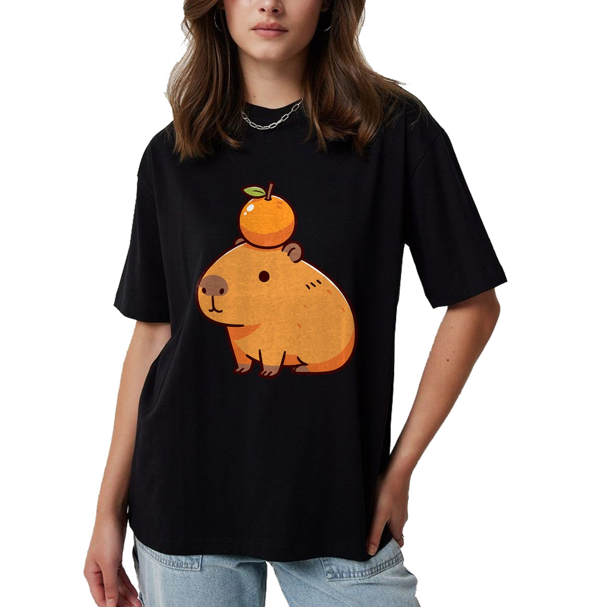 Cute Capybara Shirt, Funny Capybara Unisex T-Shirt/Hoodie/Sweatshirt HLT00 - Capybara with Orange on the Head Capybara T-Shirt